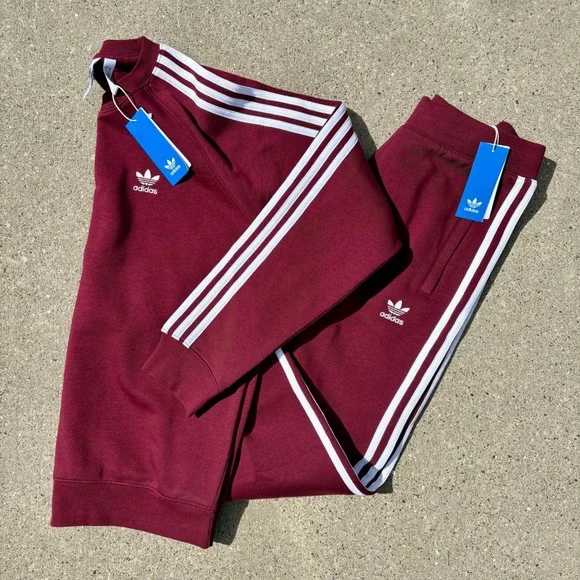 Adidas 3 Stripe Maroon Sweatshirt and Track Pants Set Menswear - Picture 1 of 5